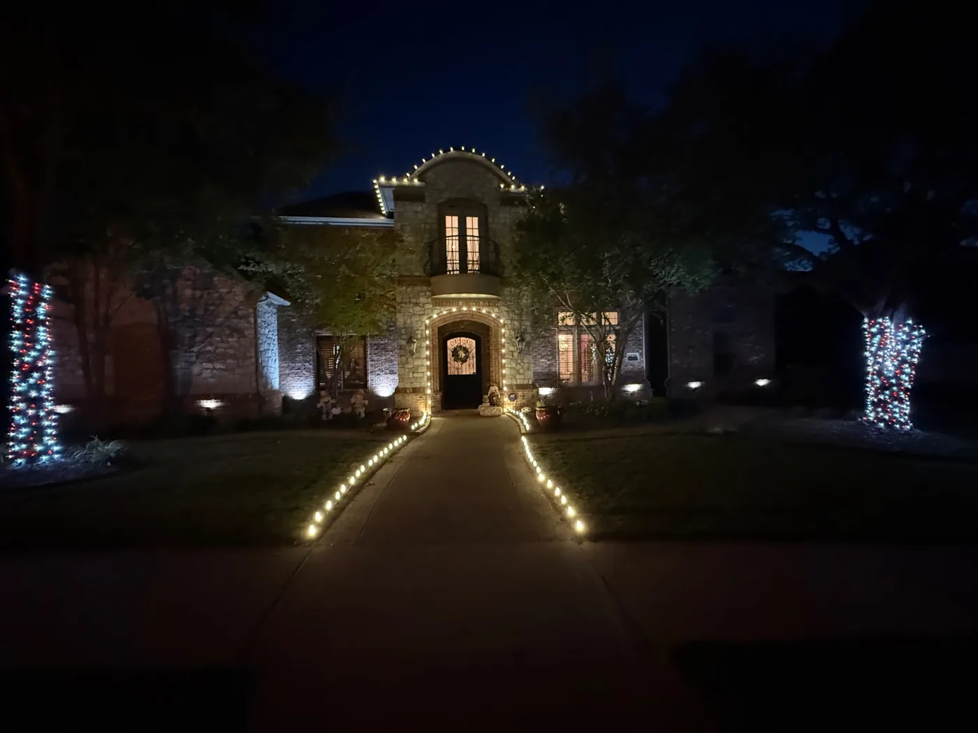 Holiday lights lining a walkway and trees